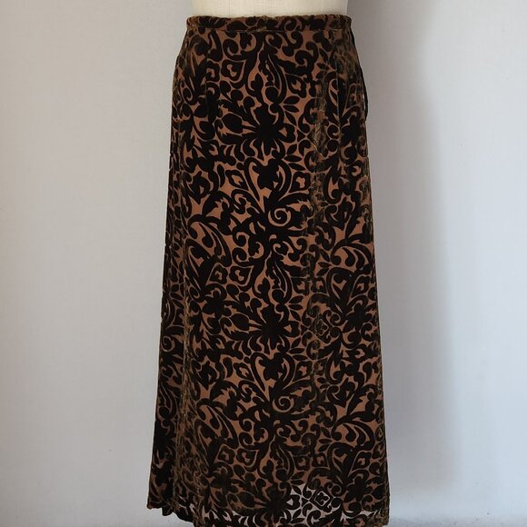 Wah Maker True West Burnout Velvet Midi A-Line Skirt Silk Blend Brown - Picture 2 of 10